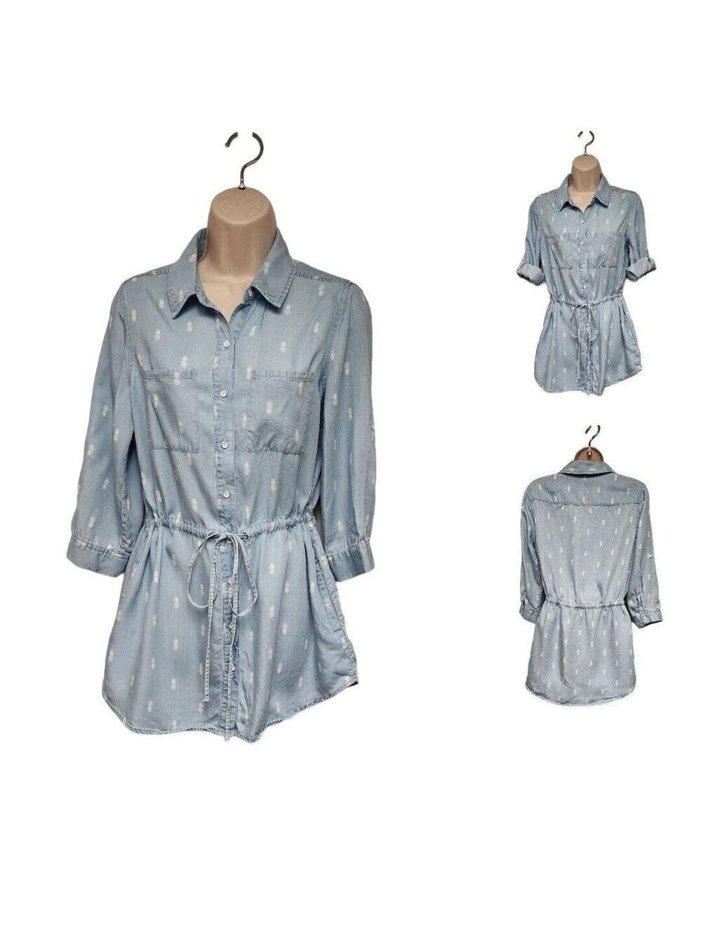 Intro. Womens  Pineapple Print Tunic Blue Denim Blouse Button Shirt Size Small